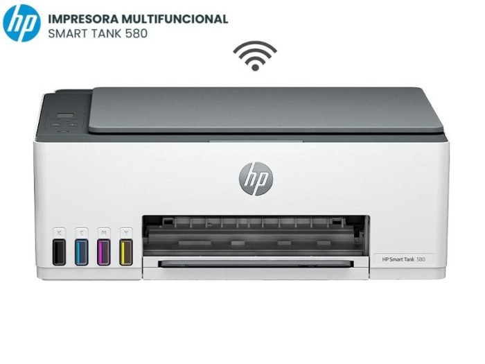 Impresora HP Smart Tank 580 1F3Y2A Multifuncional, Wifi, Bluetooth, Sistema Continuo, Inyección térmica de tinta HP, Funciones Impresión, copia, escaneado.