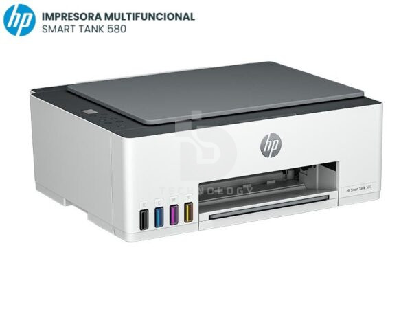 Impresora HP Smart Tank 580 1F3Y2A Multifuncional, Wifi, Bluetooth, Sistema Continuo, Inyección térmica de tinta HP, Funciones Impresión, copia, escaneado.