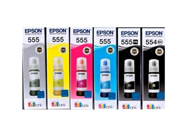 Juego De Tintas Epson T554 & T555, Color Negro Pigmentado, Negro Foto, Cyan, Magenta, Amarillo, Gris, Para Impresora Multifuncional Epson EcoTank L8160 / L8180.