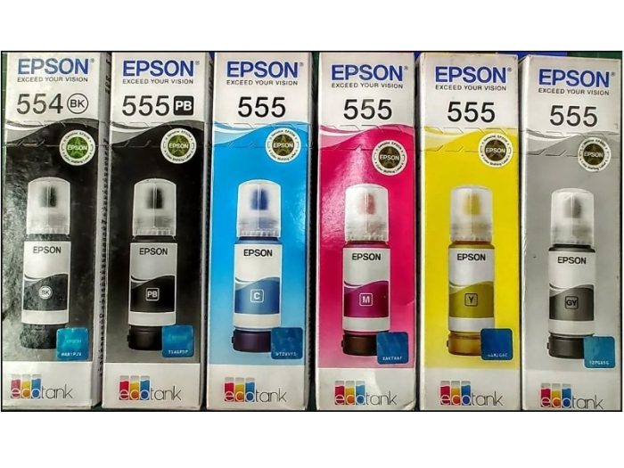 Juego De Tintas Epson T554 & T555, Color Negro Pigmentado, Negro Foto, Cyan, Magenta, Amarillo, Gris, Para Impresora Multifuncional Epson EcoTank L8160 / L8180.