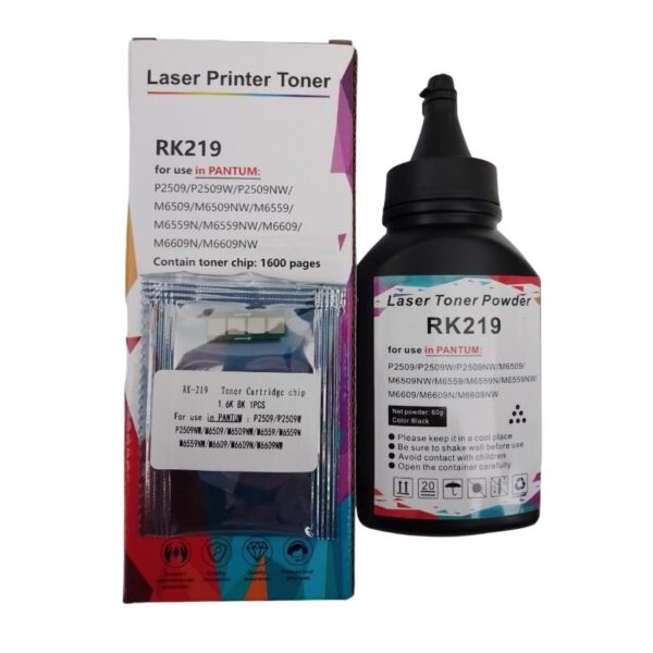 Botella De Kit Recarga Toner Compatible Pantum RK219 | RK-219 con Chip, Para Impresoras Pantum  P2509 / M6509 / M6559 / M6609 / M6559, Rendimiento 1.600 Páginas.
