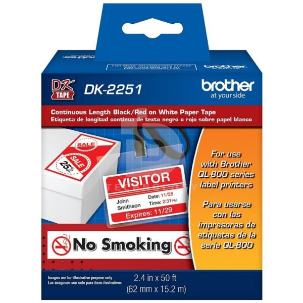 Rollo Continuo De Cinta Brother DK-2251 Fondo Blanco Letra Rojo/Negro (62 mm x 15.2 m), Ideal Para Impresora de Etiquetas Brother QL-800 / QL-810W / QL-820NWB.