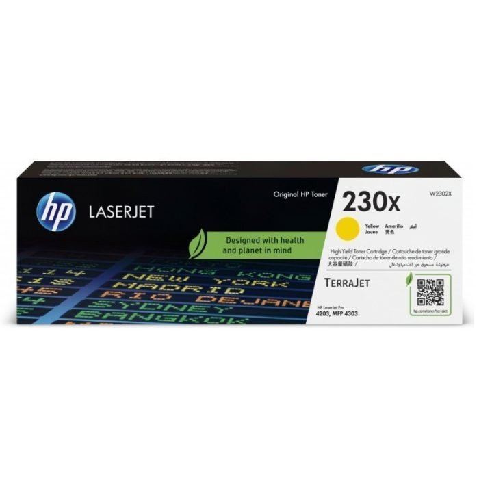 Toner Hp W2302X 230X Color Amarillo, Para Impresoras HP Color LaserJet Pro 4203 Series / HP Color LaserJet Pro MFP 4303 Series, Rendimiento 5.500 Páginas.